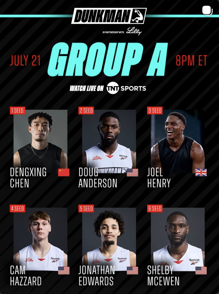 Official DUNKMAN Group A graphic showing the six seeded dunkers for the July 21 premiere