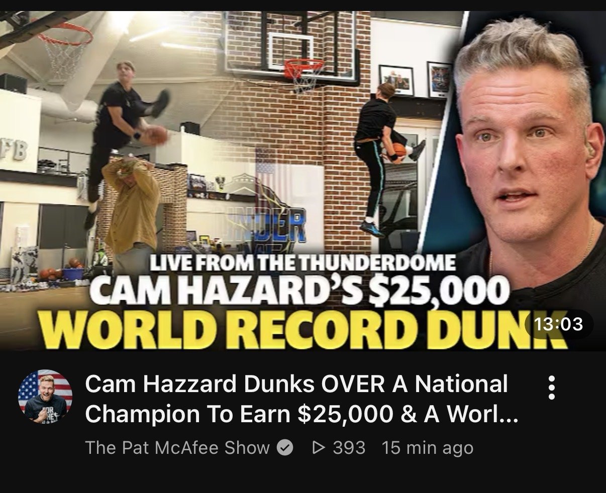 YouTube thumbnail of Cam Hazzard's $25,000 world record dunk on the Pat McAfee Show