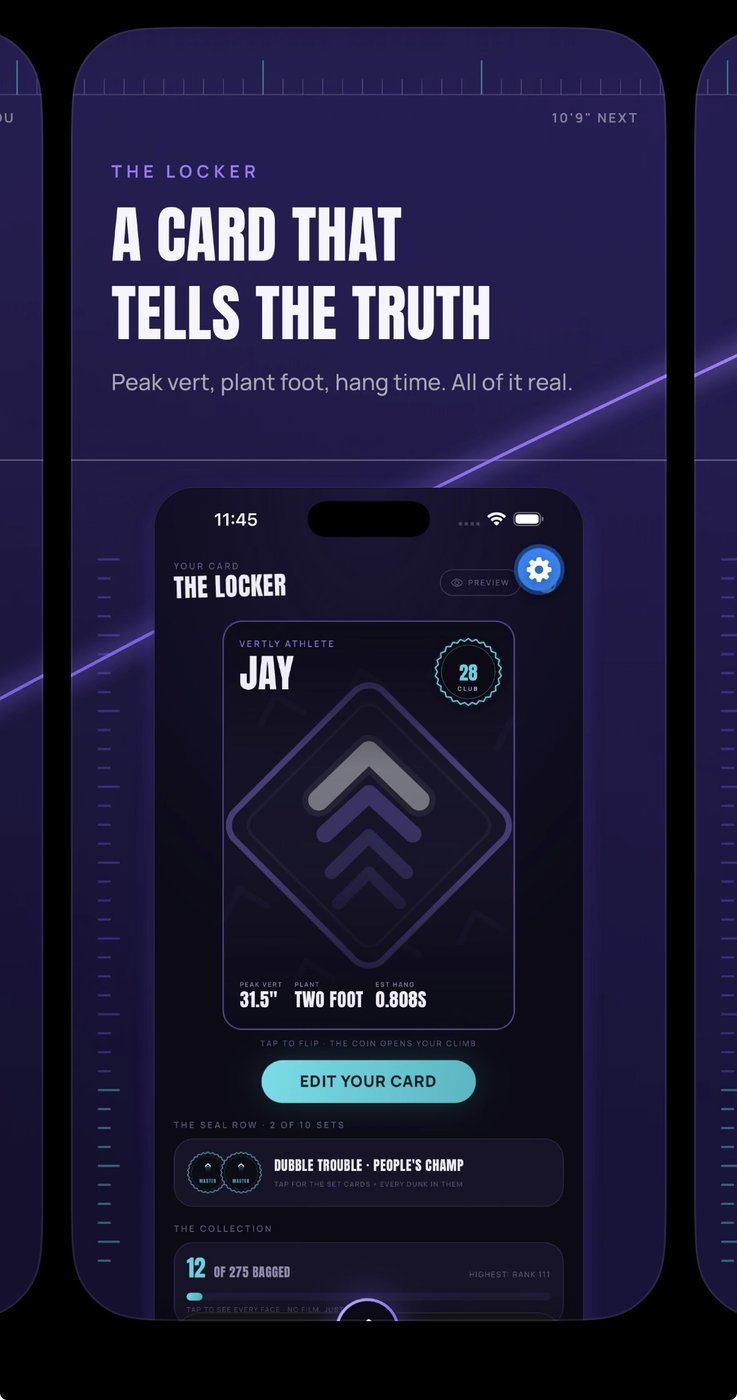 Vertly Locker athlete card with real verified stats